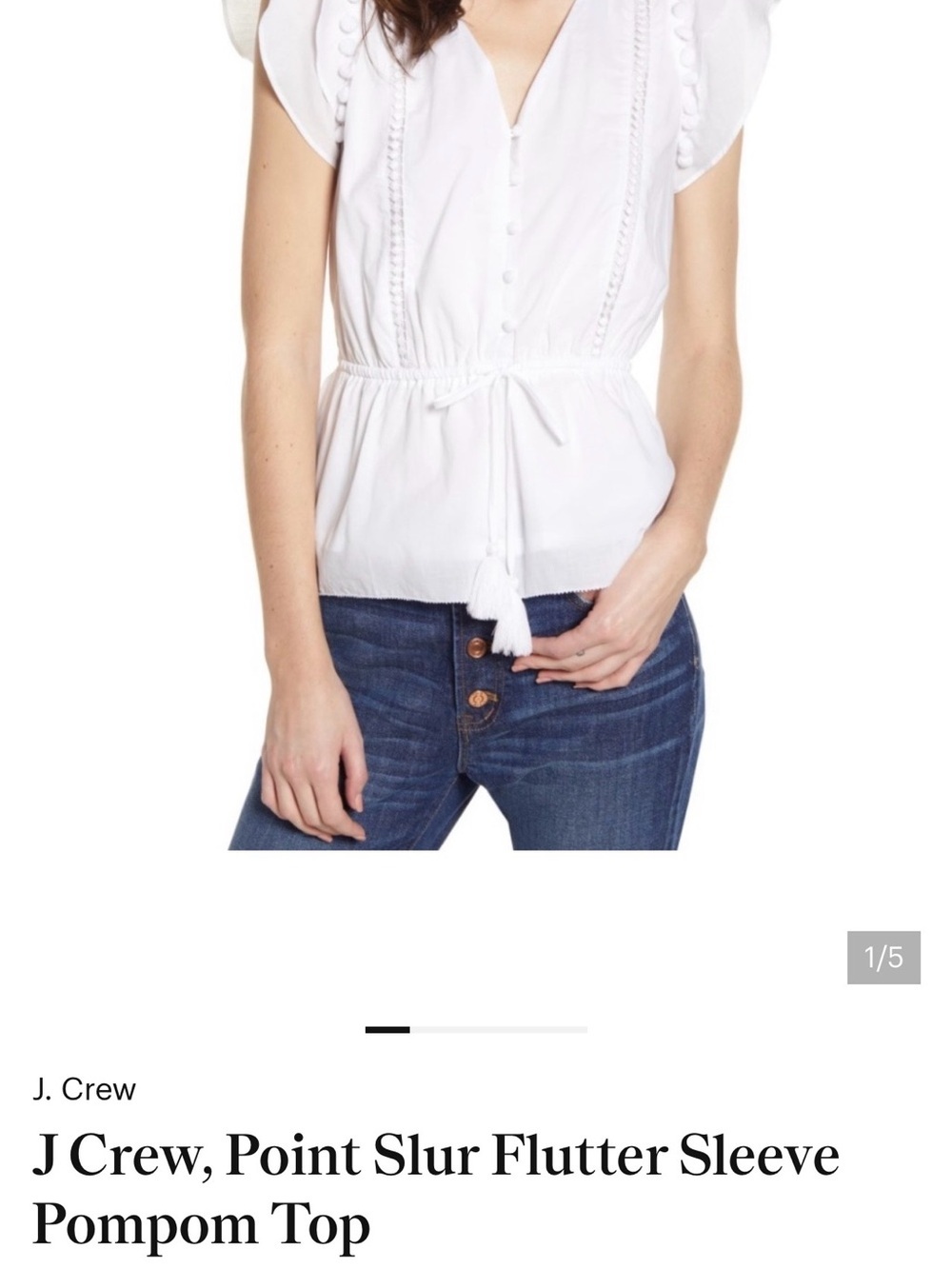 J. Crew White Flutter Sleeve Tie-Waist Pom-Pom Blouse